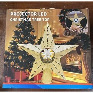 Projector LED Christmas Tree Top Gold Star Snowfall Snowflakes Indoor Use Only